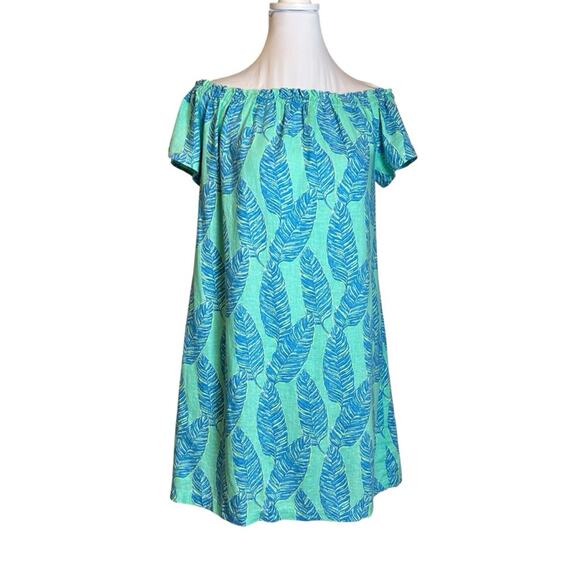 Vineyard Vines Off Shoulder Dress Size XS Green Blue Linen Blend Tropical Summer - Picture 1 of 10